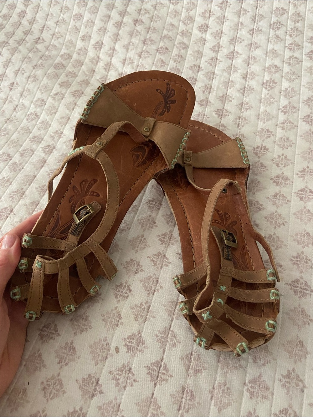 Merrell Brown Leather Strappy Sandals with Mint Stitching